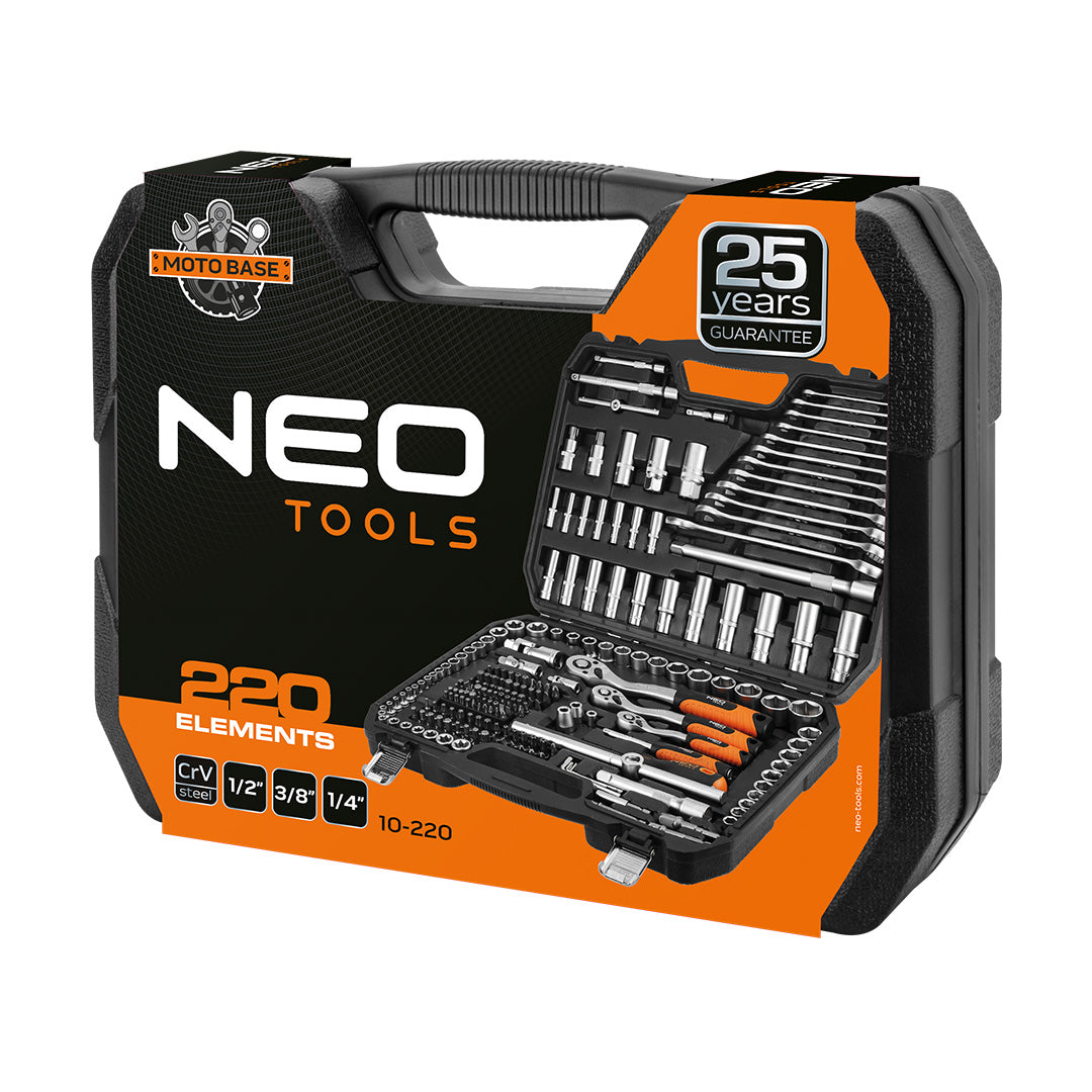 Sada nástrčných kľúčov 1/2", 3/8", 1/4", 220 ks. , saténová od NEO TOOLS nájdeš na naravis.sk