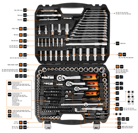 Sada nástrčných kľúčov 1/2", 3/8", 1/4", 220 ks. , saténová od NEO TOOLS nájdeš na naravis.sk
