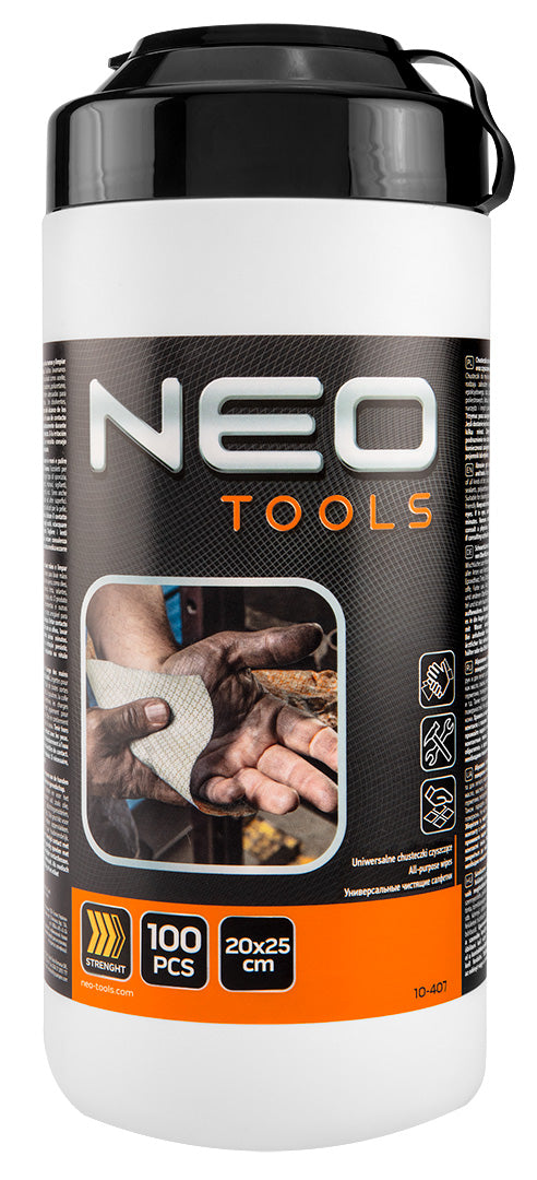 Utierky na umývanie rúk a čistenie povrchov a nástrojov od odolných nečistôt, dóza 100 ks. od NEO TOOLS nájdeš na naravis.sk