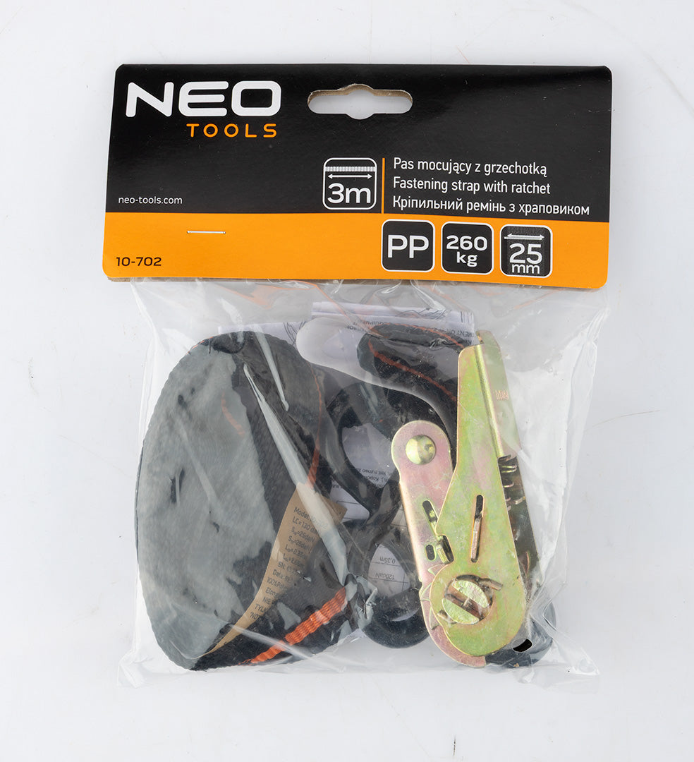 Upevňovací popruh s račňou 25 mm x 3 m, odolnosť 260 kg PP od NEO TOOLS nájdeš na naravis.sk