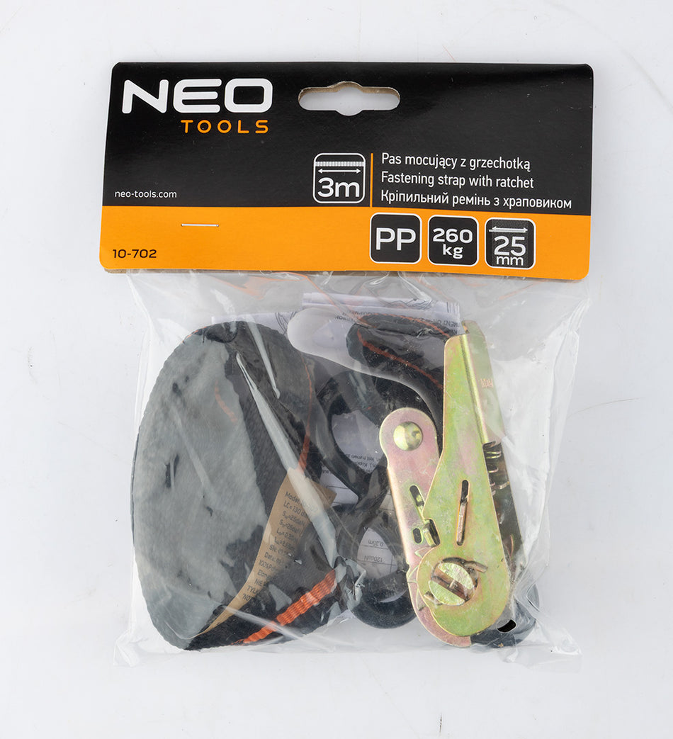Upevňovací popruh s račňou 25 mm x 3 m, odolnosť 260 kg PP od NEO TOOLS nájdeš na naravis.sk