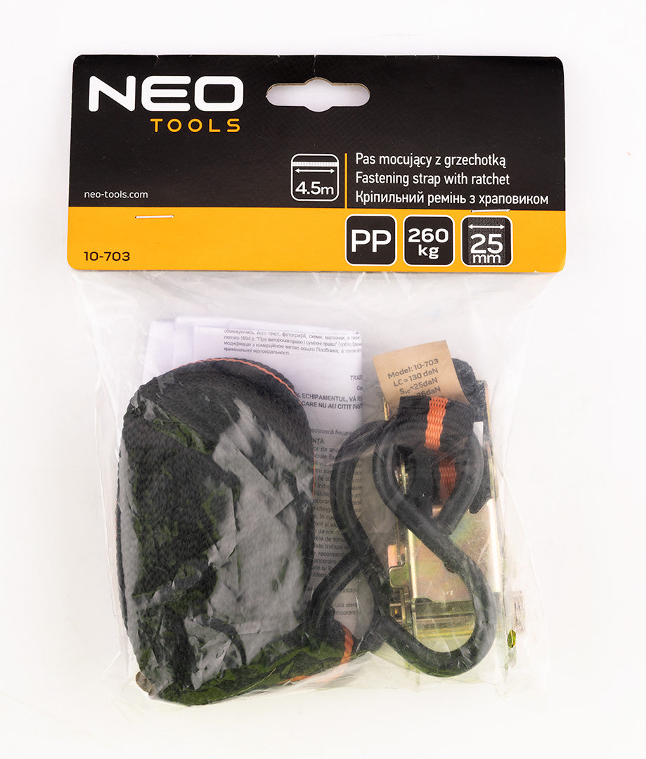 Upevňovací popruh s račňou 25 mm x 4,5 m, odolnosť 260 kg PP od NEO TOOLS nájdeš na naravis.sk