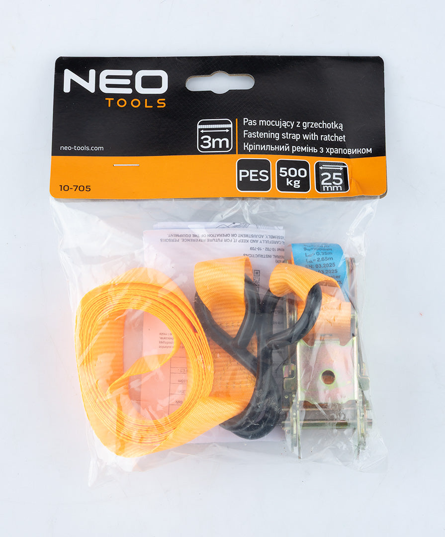 Uväzovací popruh s račňou 25 mm x 3 m, odolný voči 500 kg PES od NEO TOOLS nájdeš na naravis.sk