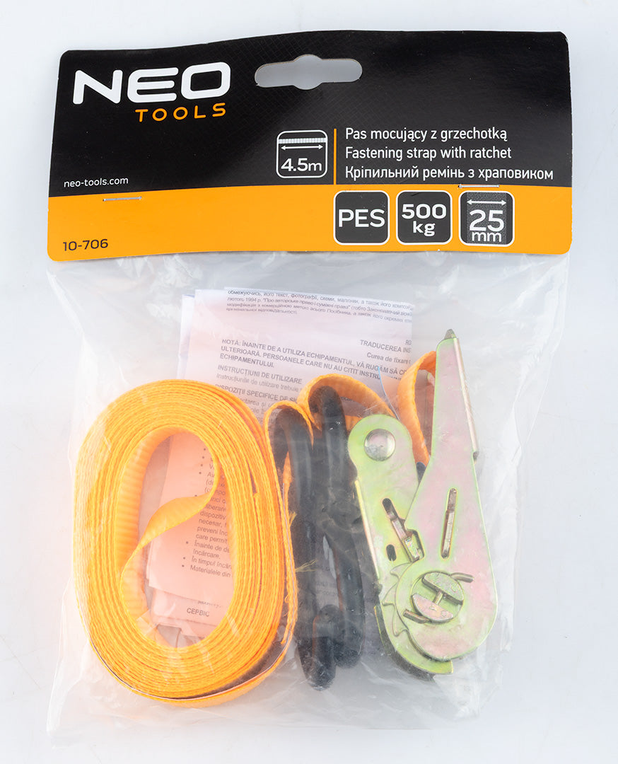 Uväzovací popruh s račňou 25 mm x 4,5 m, odolný voči 500 kg PES od NEO TOOLS nájdeš na naravis.sk