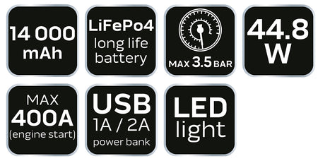 Jump štartér, power banka - 14 Ah, kompresor 3.5BAR, baterka od NEO TOOLS nájdeš na naravis.sk