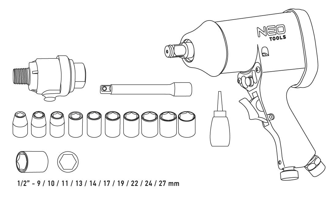 Pneumatický rázový uťahovák, 1 / 2 ", 314 Nm sada od NEO TOOLS nájdeš na naravis.sk