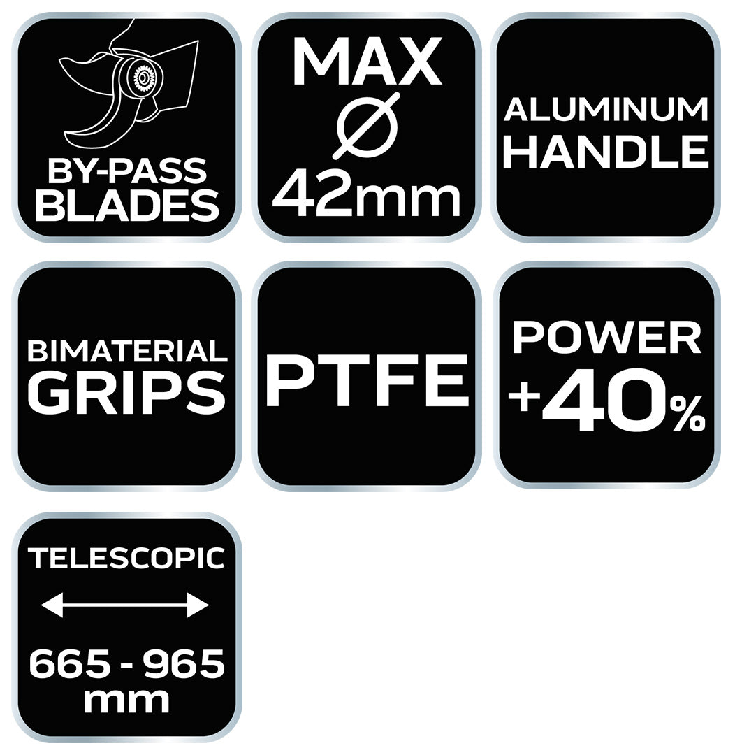 Obtokový orezávač konárov 665 mm, dosah do 42 mm, s prevodom, ktorý zvyšuje prítlak o 40 %, tele od NEO TOOLS nájdeš na naravis.sk