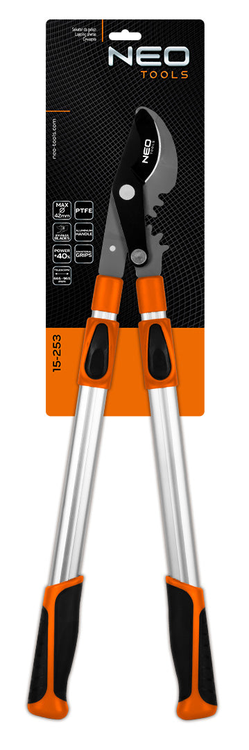Obtokový orezávač konárov 665 mm, dosah do 42 mm, s prevodom, ktorý zvyšuje prítlak o 40 %, tele od NEO TOOLS nájdeš na naravis.sk