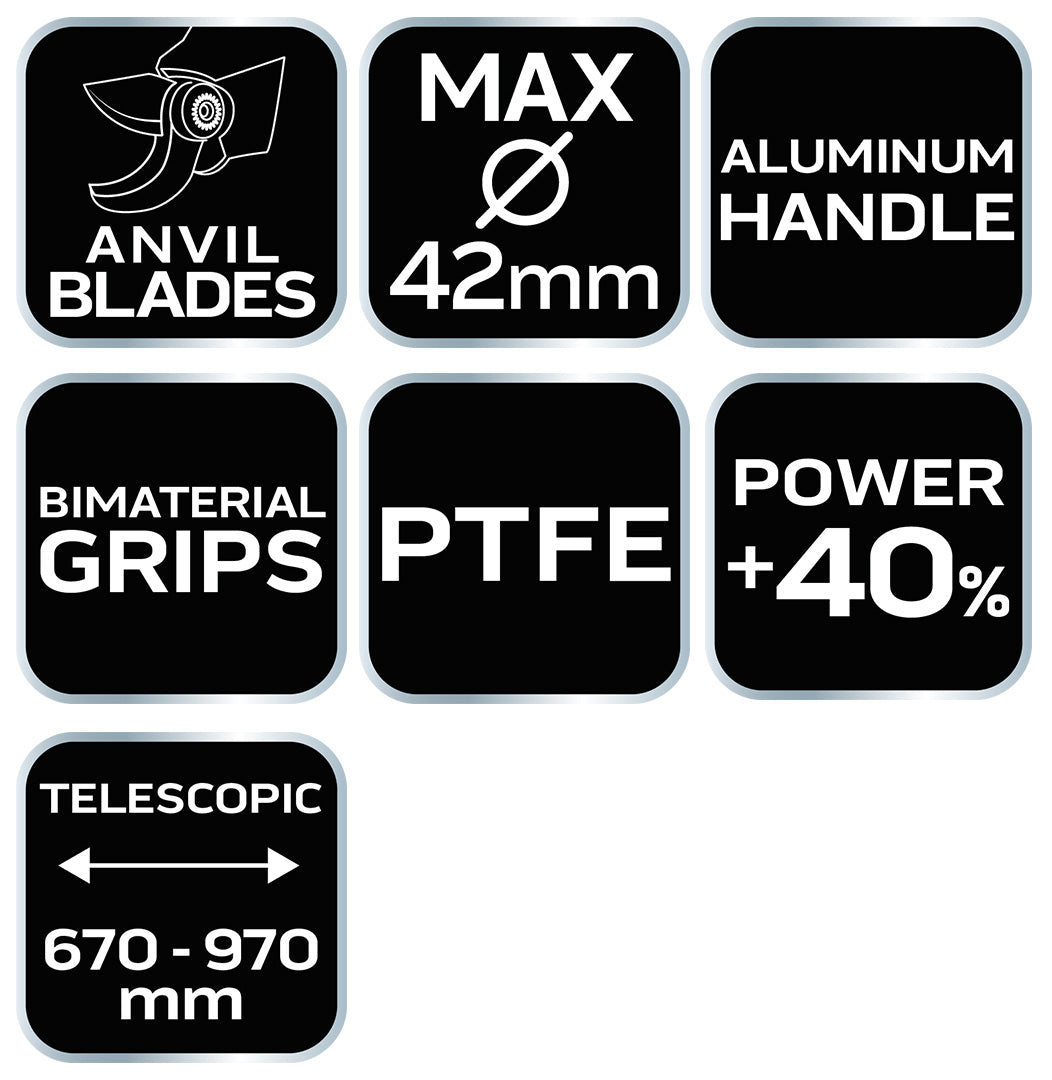 Kovadlinkový orezávač konárov 670 mm, dosah do 42 mm, s prevodom, ktorý zvyšuje prítlak o 40 %, od NEO TOOLS nájdeš na naravis.sk