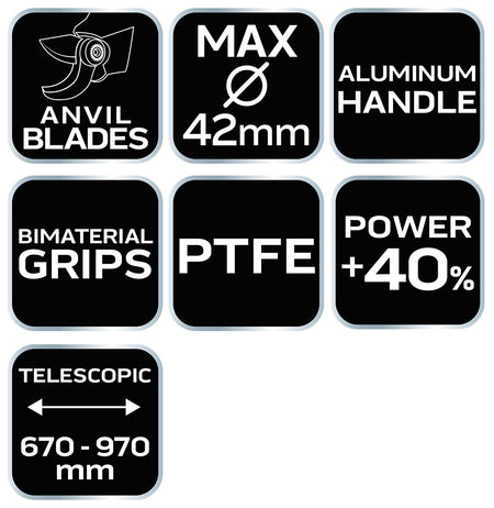 Kovadlinkový orezávač konárov 670 mm, dosah do 42 mm, s prevodom, ktorý zvyšuje prítlak o 40 %, od NEO TOOLS nájdeš na naravis.sk