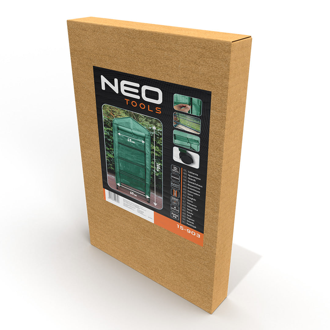Skleník 69 x 49 x 160 cm, PE fólia, kovová konštrukcia, kolieska od NEO TOOLS nájdeš na naravis.sk