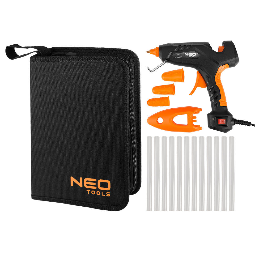 Súprava: lepiaca pištoľ 11 mm, 60/100W, 12 lepiacich náplní, 3 chrániče na prsty, látkové puzdro od NEO TOOLS nájdeš na naravis.sk