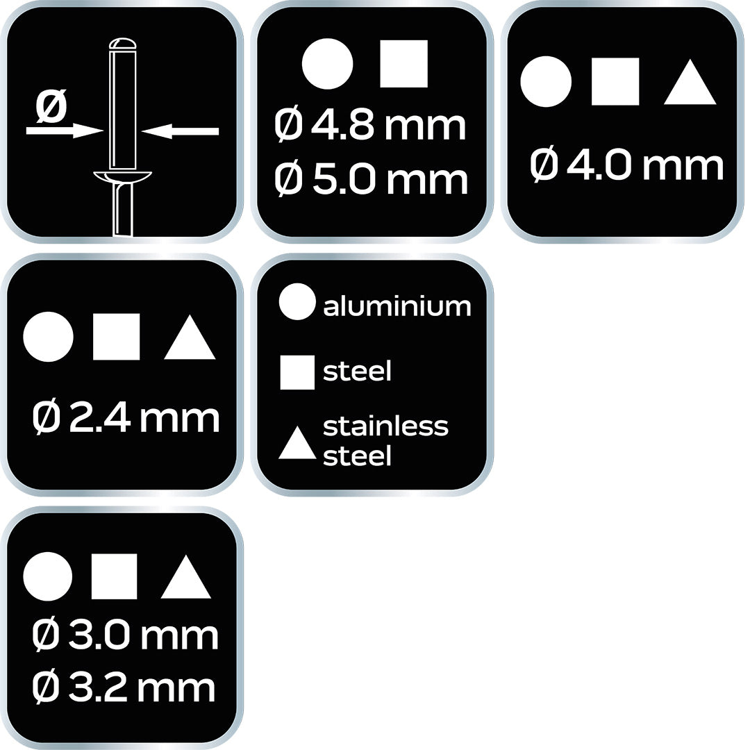 Nitovačka na oceľové a hliníkové nity 2,4/3,2/4,0/4,8 mm, viacpolohová od NEO TOOLS nájdeš na naravis.sk