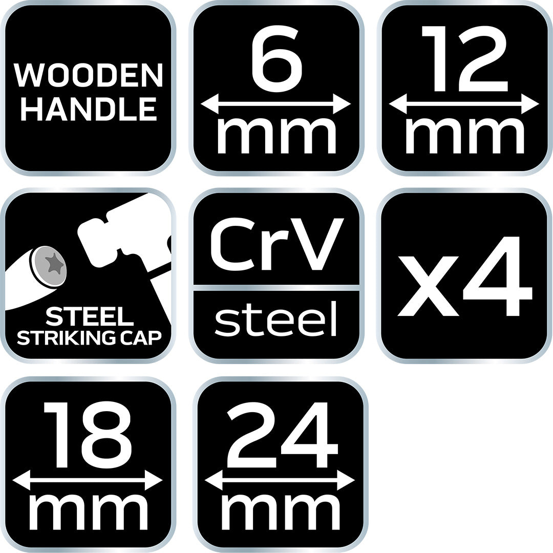 Dláta 6, 12, 18, 24 mm, sada 4 ks. Drevená rukoväť od NEO TOOLS nájdeš na naravis.sk