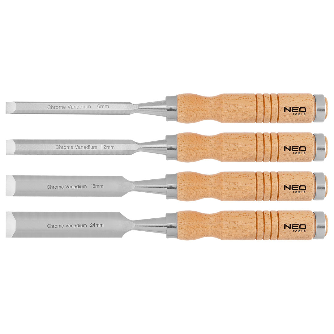 Dláta 6, 12, 18, 24 mm, sada 4 ks. Drevená rukoväť od NEO TOOLS nájdeš na naravis.sk