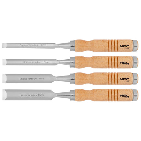 Dláta 6, 12, 18, 24 mm, sada 4 ks. Drevená rukoväť od NEO TOOLS nájdeš na naravis.sk