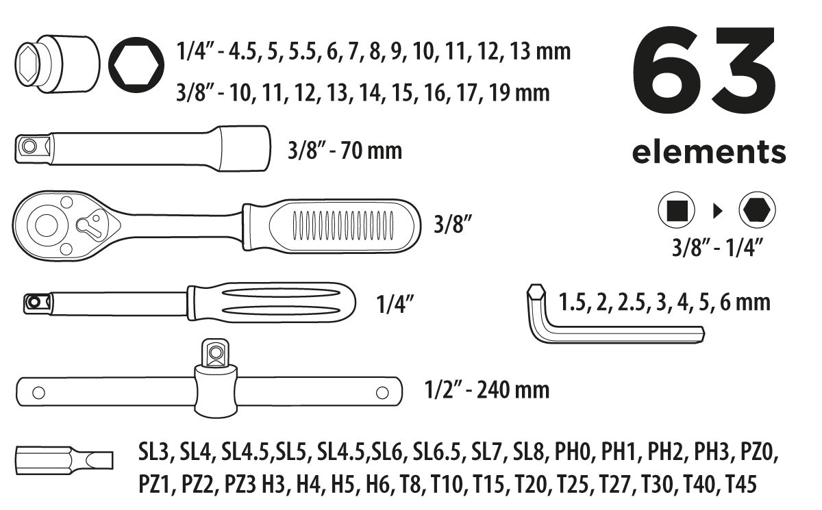 Súprava nástavcových kľúčov 3/8", 63 ks od Top Tools nájdeš na naravis.sk
