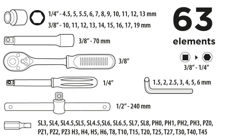 Súprava nástavcových kľúčov 3/8", 63 ks od Top Tools nájdeš na naravis.sk