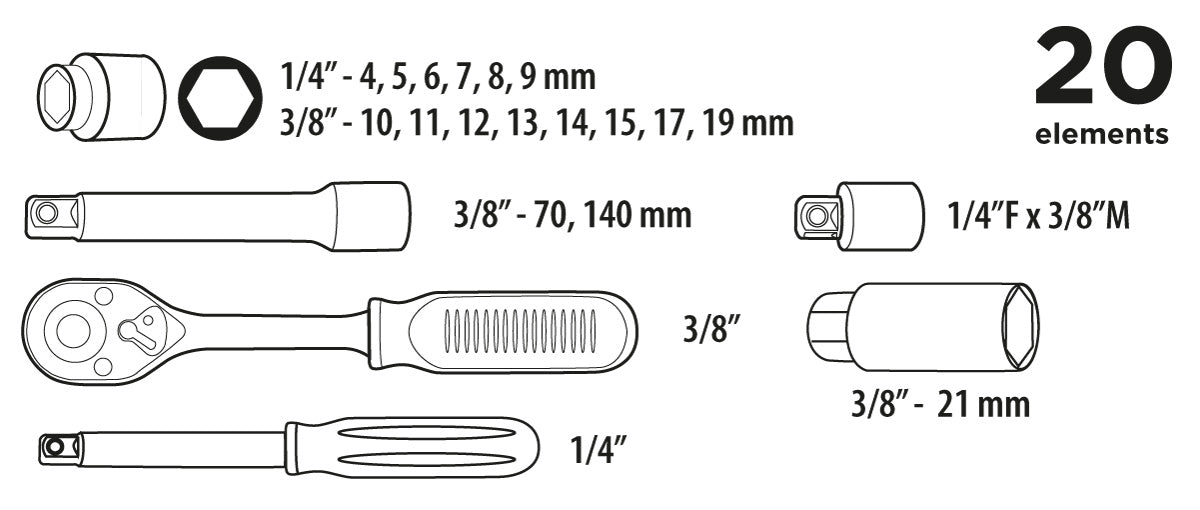 Súprava nástavcových kľúčov ¼”, 3/8” 20 ks od Top Tools nájdeš na naravis.sk