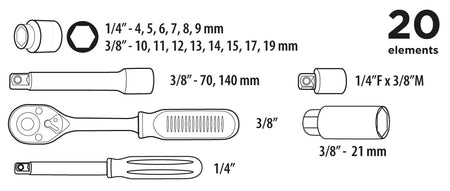 Súprava nástavcových kľúčov ¼”, 3/8” 20 ks od Top Tools nájdeš na naravis.sk