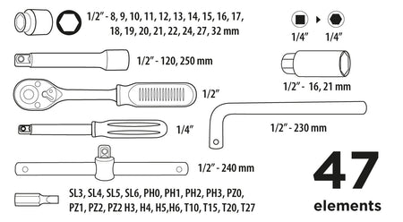 Súprava nástavcových kľúčov 1/4", 1/2", 47 ks od Top Tools nájdeš na naravis.sk