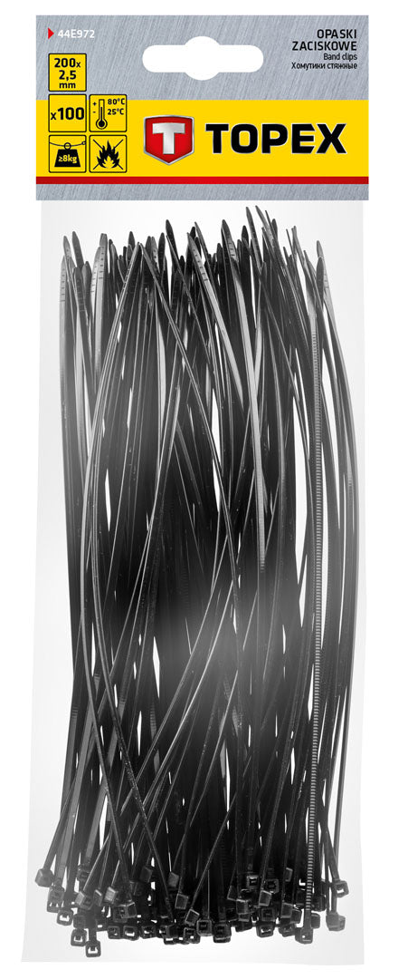 Sťahovacie pásky 2,5 x 200 mm, čierna, 100 ks od TOPEX nájdeš na naravis.sk