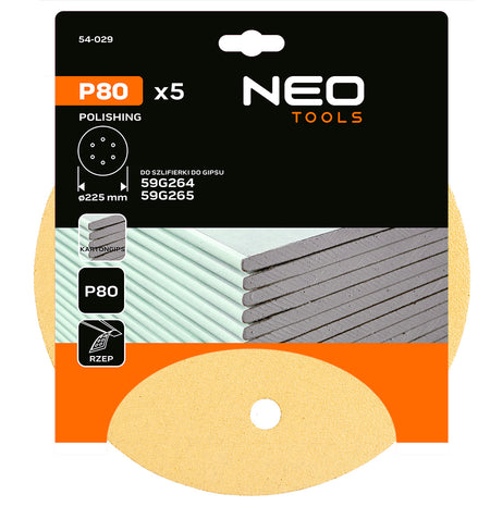 Brúsny papier so suchým zipsom 225 mm, K80, 5 ks, so 6 otvormi pre brúsku 59G264, 59G265 od NEO TOOLS nájdeš na naravis.sk