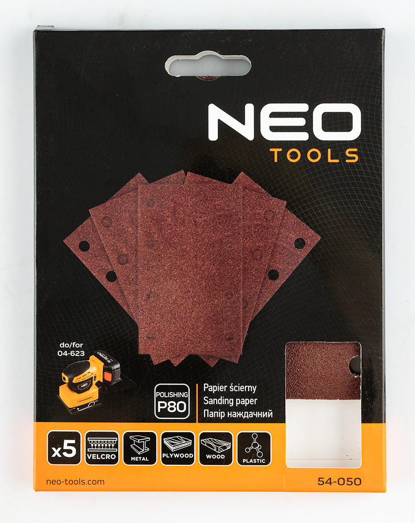 Brúsne listy so suchým zipsom, obdĺžnikové 80 x 130 mm, P80, 5 ks, s 8 otvormi pre 04-623 od NEO TOOLS nájdeš na naravis.sk