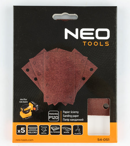 Brúsne listy so suchým zipsom, obdĺžnikové 80 x 130 mm, P120, 5 ks, s 8 otvormi pre 04-623 od NEO TOOLS nájdeš na naravis.sk