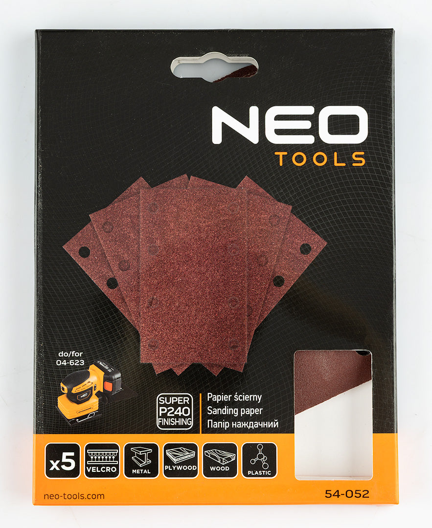 Brúsne listy so suchým zipsom, obdĺžnikové 80 x 130 mm, P240, 5 ks s 8 otvormi pre 04-623 od NEO TOOLS nájdeš na naravis.sk