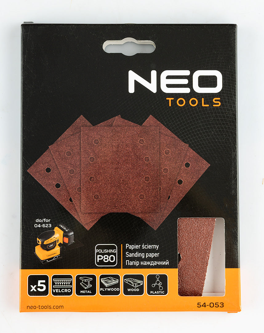 Brúsne listy so suchým zipsom, štvorcové 113 x 113 mm, P80, 5 ks, s 8 otvormi pre 04-623 od NEO TOOLS nájdeš na naravis.sk