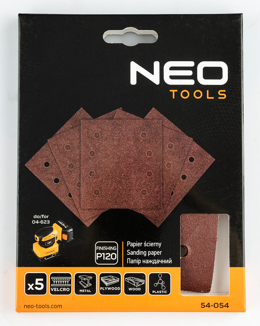 Brúsne listy so suchým zipsom, štvorcové 113 x 113 mm, P120, 5 ks, s 8 otvormi pre 04-623 od NEO TOOLS nájdeš na naravis.sk