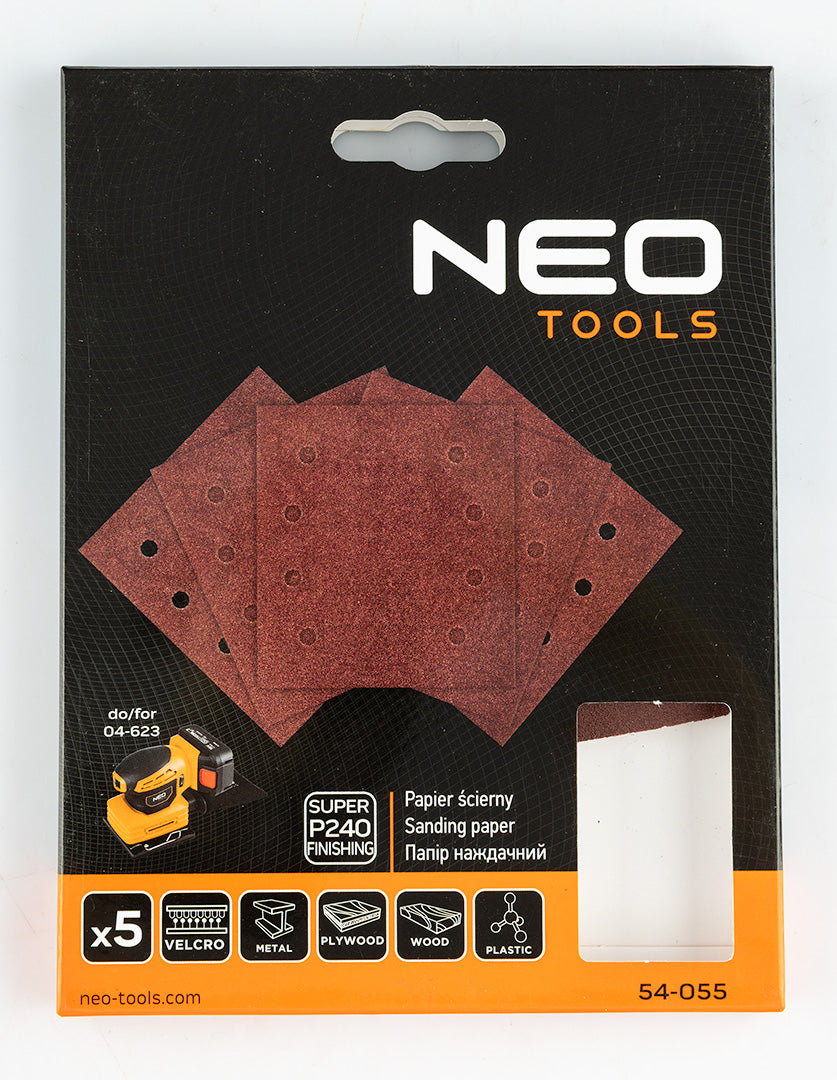 Brúsne listy so suchým zipsom, štvorcové 113 x 113 mm, P240, 5 ks, s 8 otvormi pre 04-623 od NEO TOOLS nájdeš na naravis.sk