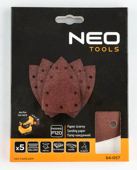 Brúsne listy so suchým zipsom, železo 100 x 147 mm, P120, 5 ks, s 9 otvormi pre 04-623 od NEO TOOLS nájdeš na naravis.sk