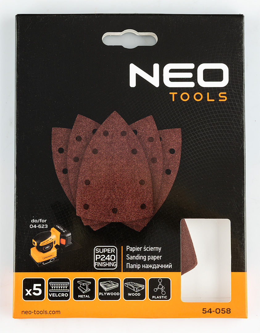 Brúsne listy so suchým zipsom, železo 100 x 147 mm, P240, 5 ks, s 9 otvormi pre 04-623 od NEO TOOLS nájdeš na naravis.sk