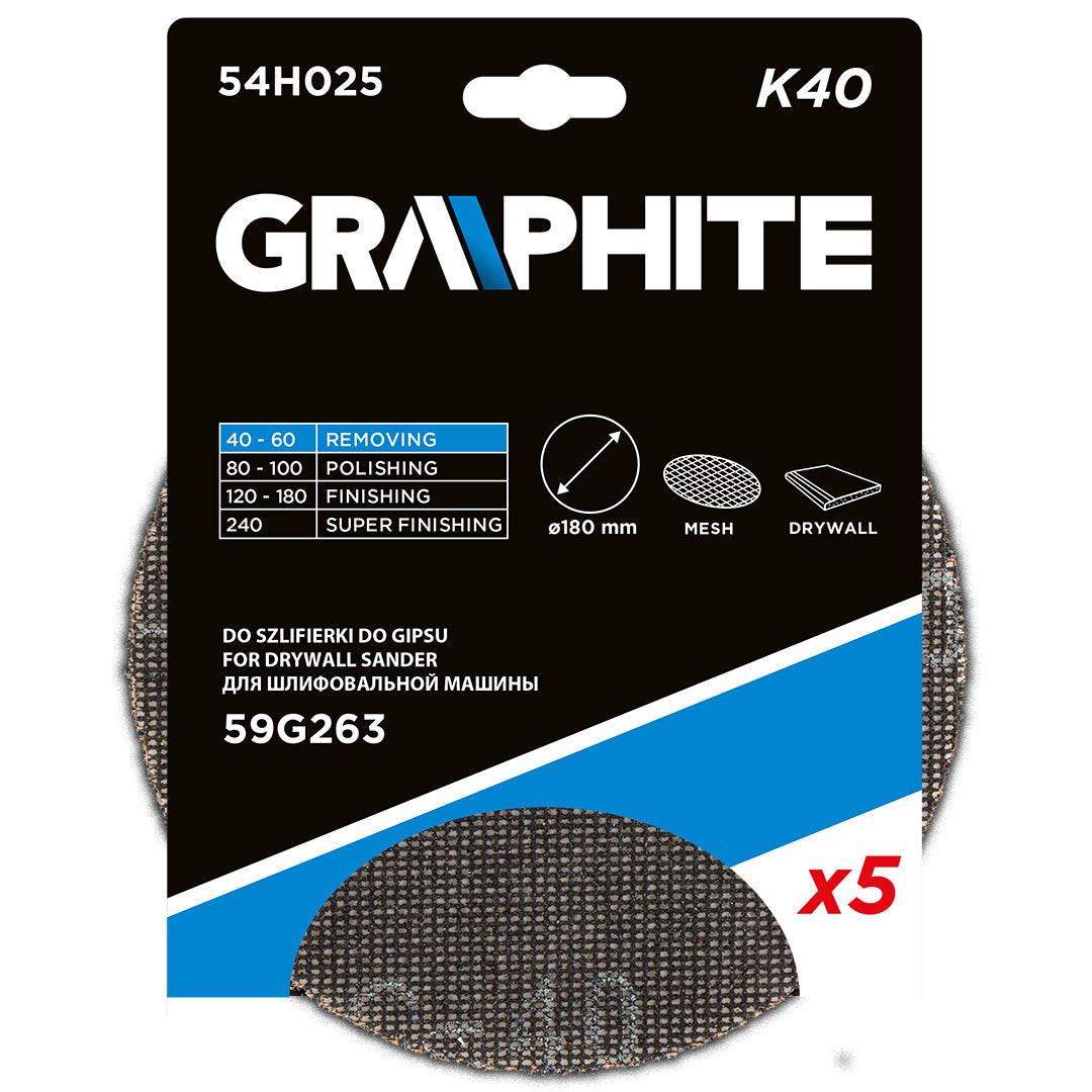 Mriežka na brúsenie sadry so suchým zipsom 180 mm, K40, 5ks pre brúsku 59G263 od GRAPHITE nájdeš na naravis.sk
