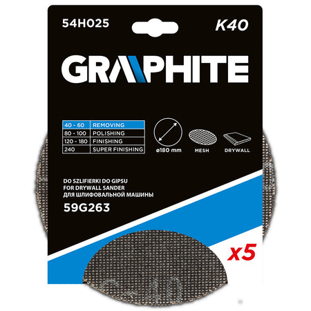 Mriežka na brúsenie sadry so suchým zipsom 180 mm, K40, 5ks pre brúsku 59G263 od GRAPHITE nájdeš na naravis.sk