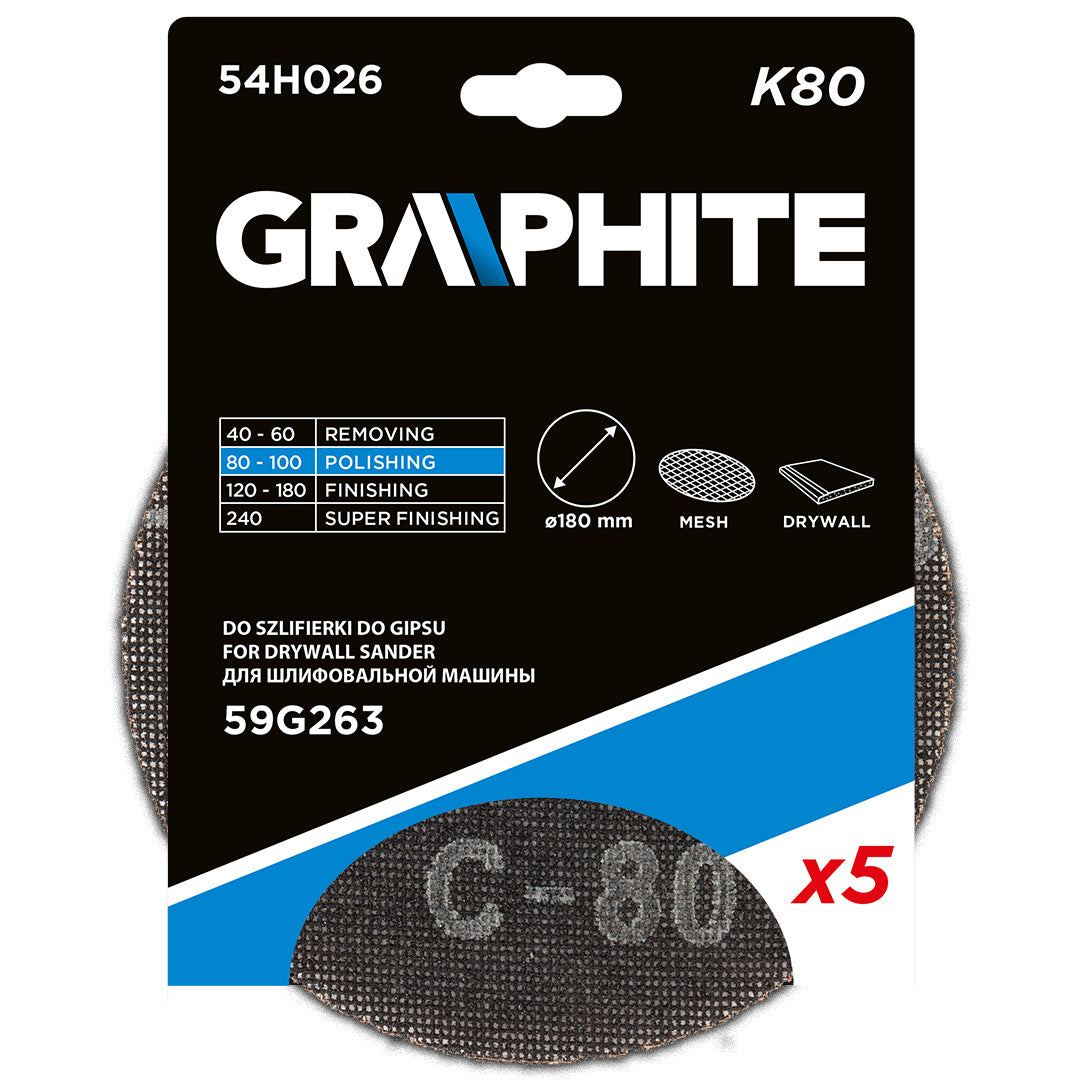 Mriežka na brúsenie sadry so suchým zipsom 180 mm, K80, 5ks pre brúsku 59G263 od GRAPHITE nájdeš na naravis.sk