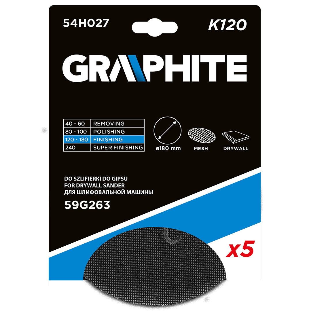 Mriežka na brúsenie sadry so suchým zipsom 180 mm, K120, 5ks pre brúsku 59G263 od GRAPHITE nájdeš na naravis.sk