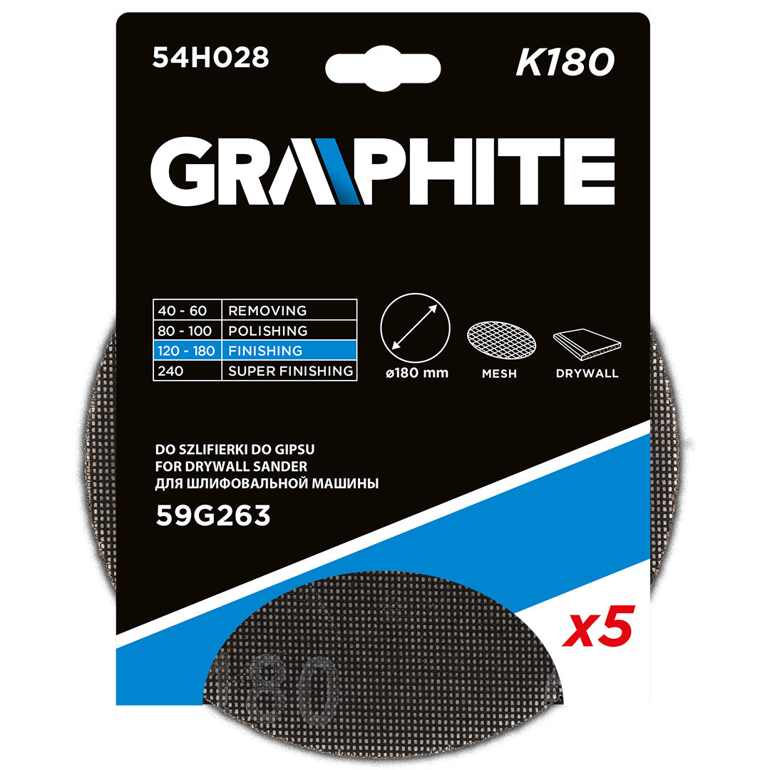 Mriežka na brúsenie sadry so suchým zipsom 180 mm, K180, 5ks pre brúsku 59G263 od GRAPHITE nájdeš na naravis.sk