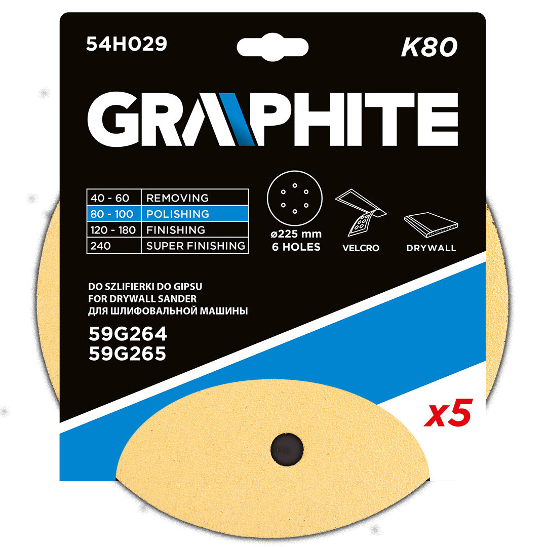 Brúsny papier so suchým zipsom 225 mm, K80, 5 ks, s 6 otvormi pre brúsku 59G264, 59G265 od GRAPHITE nájdeš na naravis.sk