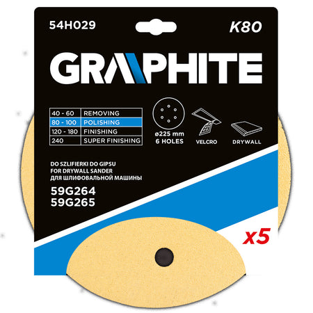 Brúsny papier so suchým zipsom 225 mm, K80, 5 ks, s 6 otvormi pre brúsku 59G264, 59G265 od GRAPHITE nájdeš na naravis.sk
