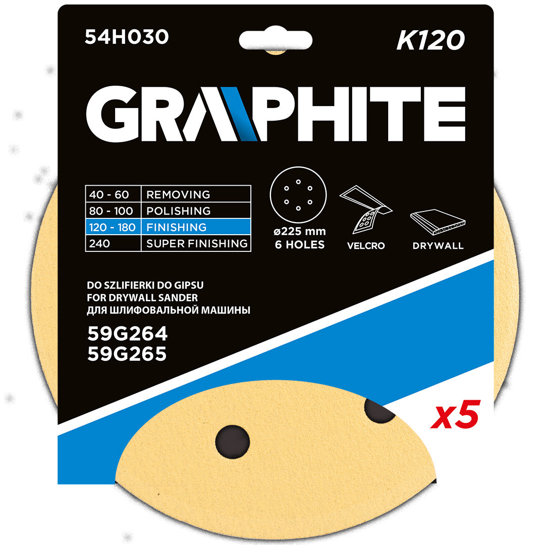 Brúsny papier so suchým zipsom 225 mm, K120, 5 ks, s 6 otvormi pre brúsku 59G264, 59G265 od GRAPHITE nájdeš na naravis.sk
