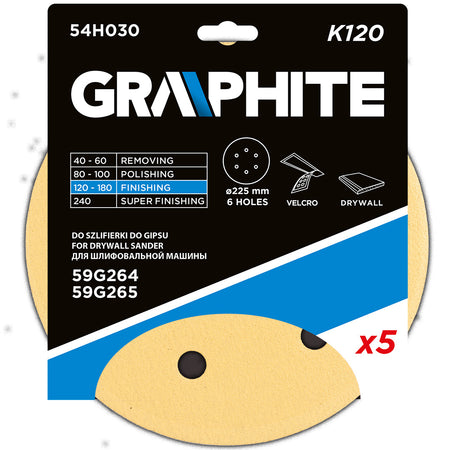 Brúsny papier so suchým zipsom 225 mm, K120, 5 ks, s 6 otvormi pre brúsku 59G264, 59G265 od GRAPHITE nájdeš na naravis.sk
