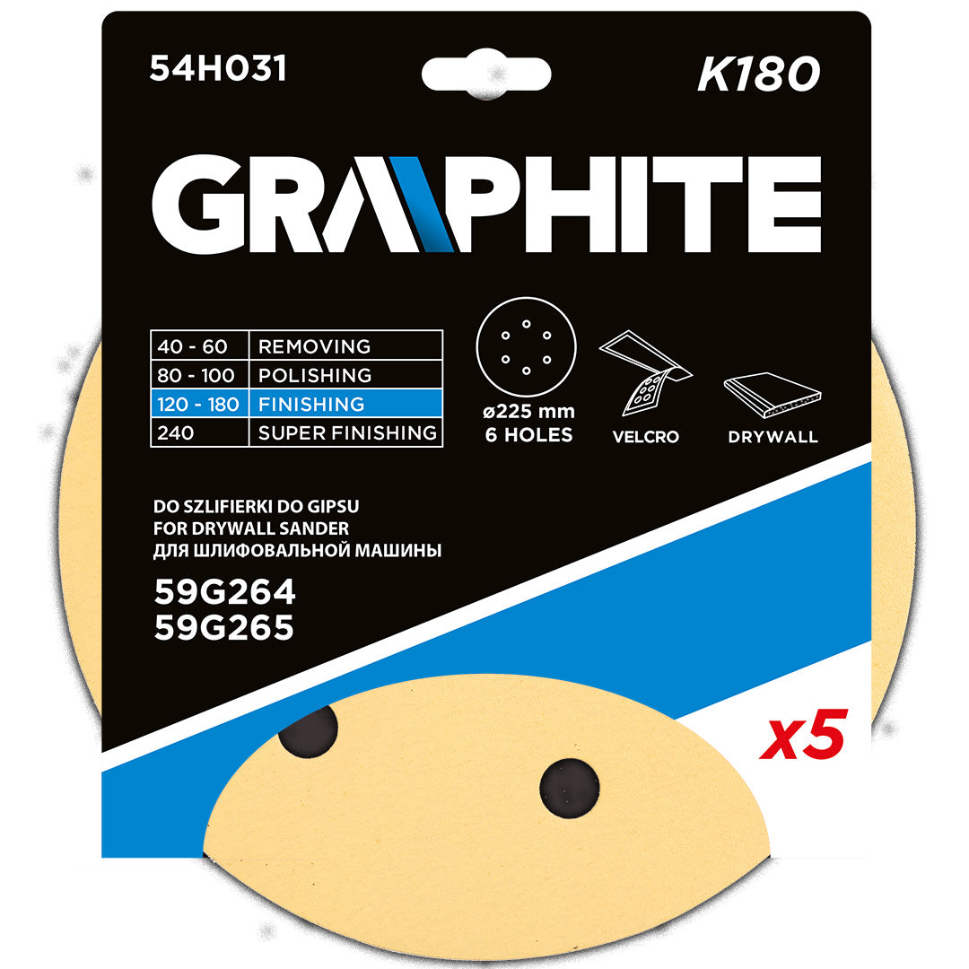 Brúsny papier so suchým zipsom 225 mm, K180, 5 ks, s 6 otvormi pre brúsku 59G264, 59G265 od GRAPHITE nájdeš na naravis.sk