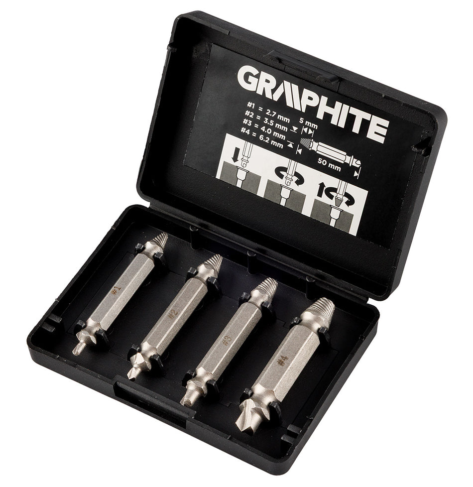 Obojstranné vyťahovače skrutiek na zlomené skrutky alebo poškodené zásuvky, sada 4 ks. od GRAPHITE nájdeš na naravis.sk