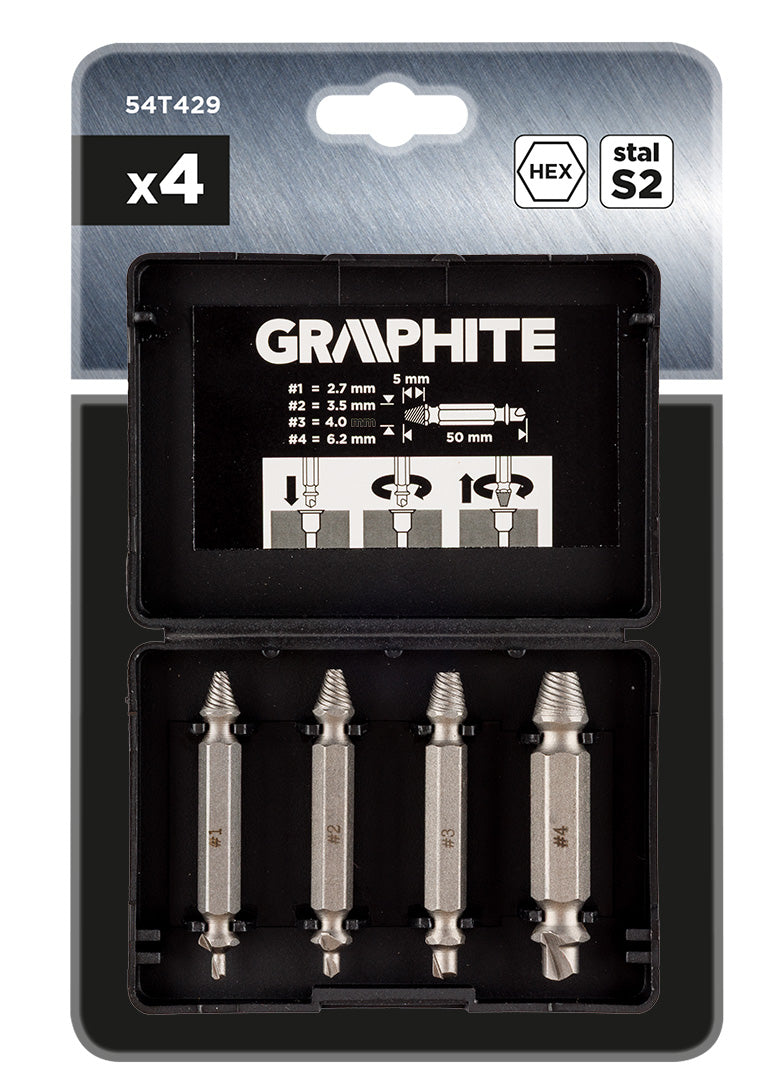 Obojstranné vyťahovače skrutiek na zlomené skrutky alebo poškodené zásuvky, sada 4 ks. od GRAPHITE nájdeš na naravis.sk