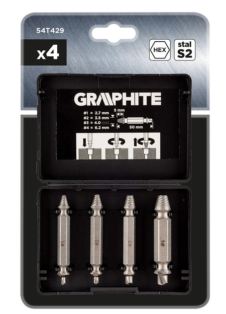 Obojstranné vyťahovače skrutiek na zlomené skrutky alebo poškodené zásuvky, sada 4 ks. od GRAPHITE nájdeš na naravis.sk