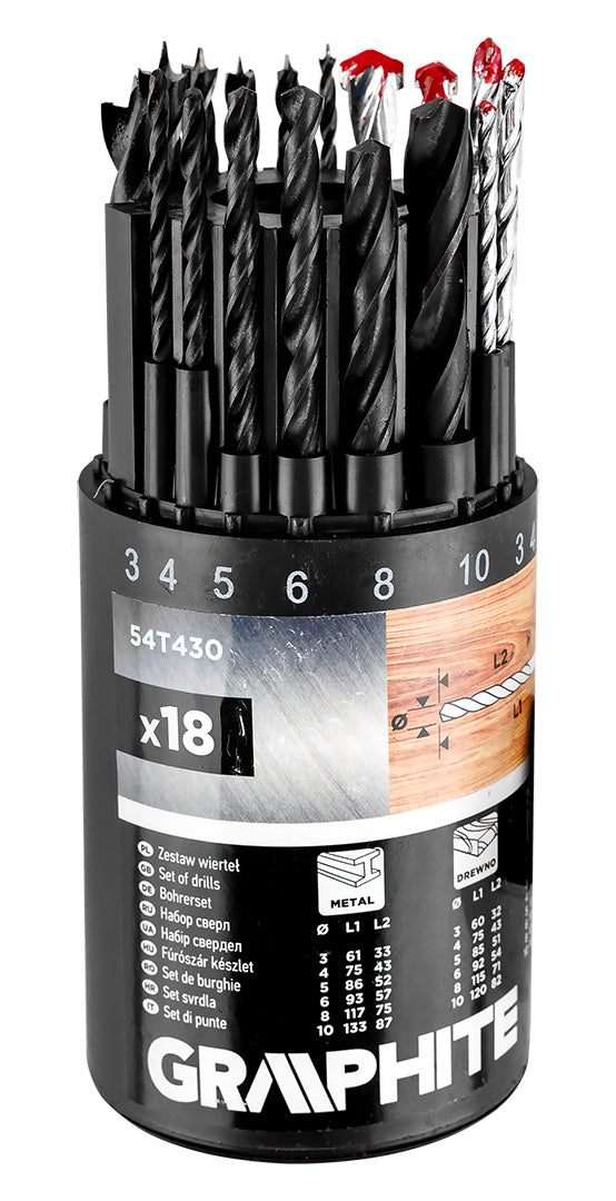 Sada vrtákov do kovu, dreva, tehál: 3, 4, 5, 6, 8, 10 mm, 18 ks. od GRAPHITE nájdeš na naravis.sk