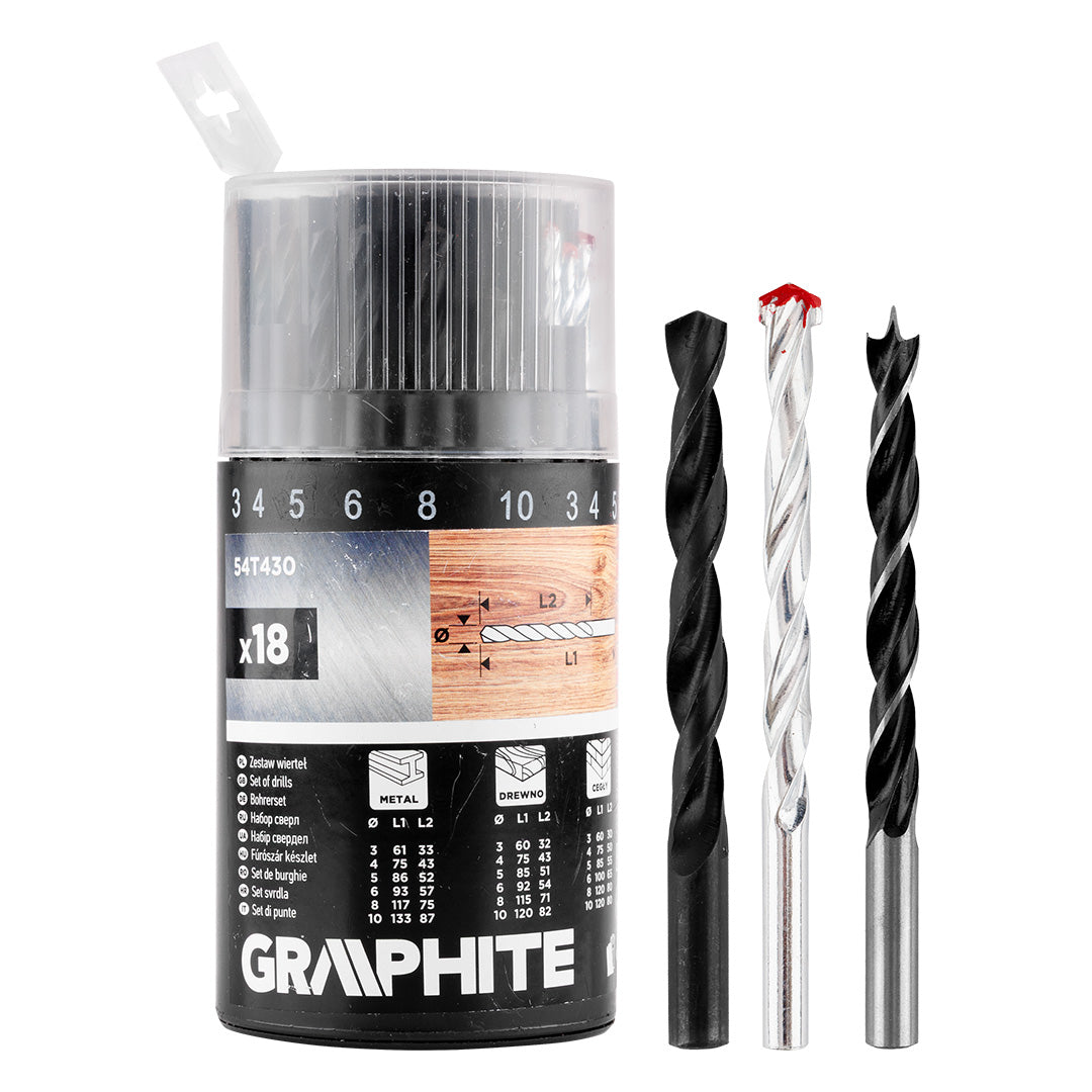 Sada vrtákov do kovu, dreva, tehál: 3, 4, 5, 6, 8, 10 mm, 18 ks. od GRAPHITE nájdeš na naravis.sk
